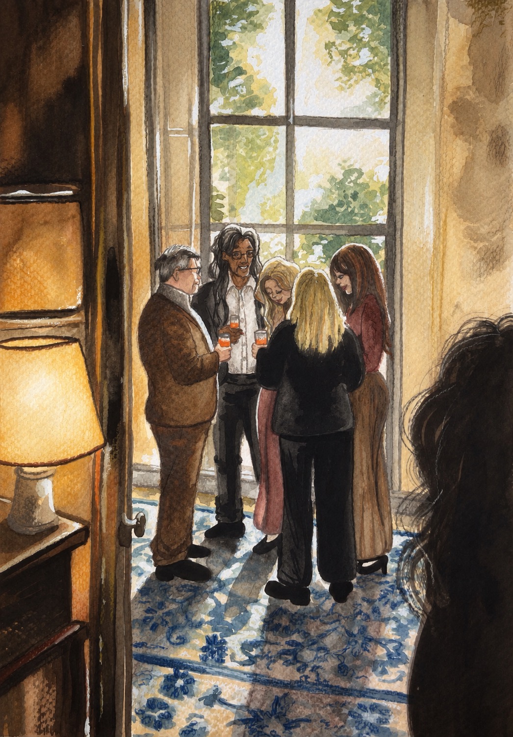Poster artwork for Yesterday, Nothing In My Life Changed: a watercolour of a group gathered by a tall window.